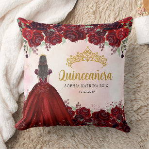 Floral Burgundy Gold Princess Tiara Quinceanera  Throw Pillow