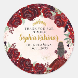 Floral Burgundy Gold Quinceanera Birthday Favor Classic Round Sticker