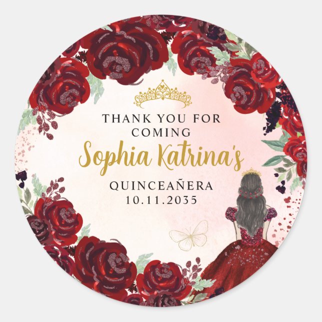 Floral Burgundy Gold Quinceanera Birthday Favor Classic Round Sticker (Front)