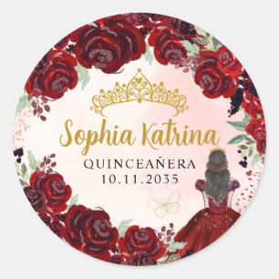 Floral Burgundy Gold Quinceanera Birthday Favor Classic Round Sticker