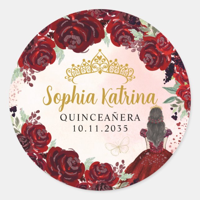 Floral Burgundy Gold Quinceanera Birthday Favor Classic Round Sticker (Front)
