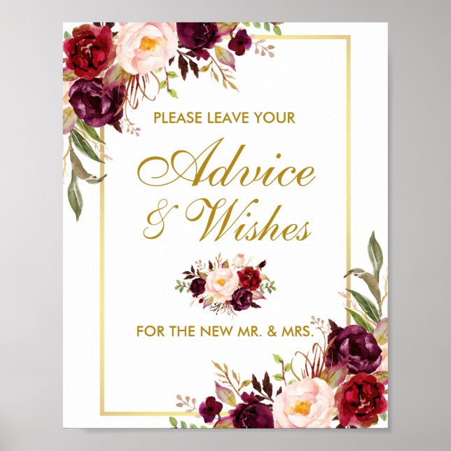 Floral Burgundy Gold Wedding Advice and Wishes Poster (Front)
