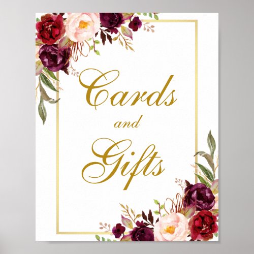 Floral Burgundy Gold Wedding Cards Gifts Poster