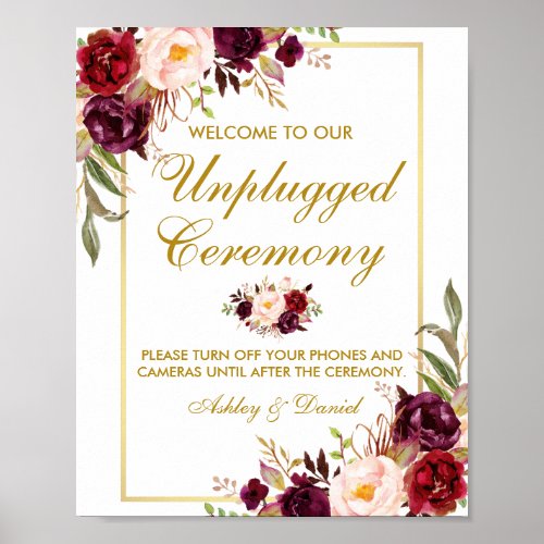 Floral Burgundy Gold Wedding Ceremony Unplugged Poster