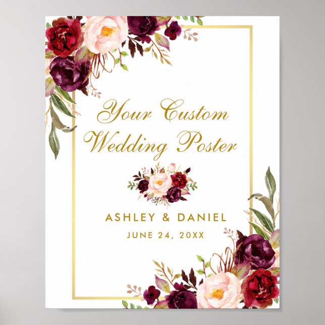Floral Burgundy Gold Wedding Custom Poster (Front)