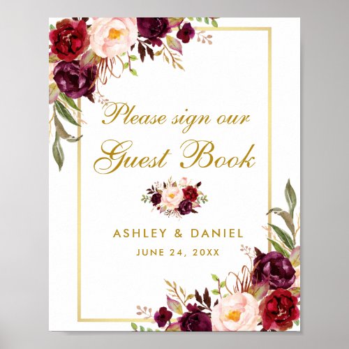 Floral Burgundy Gold Wedding Guest Book Poster