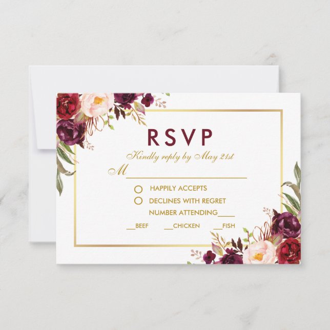 Floral Burgundy Gold Wedding Meal RSVP B (Front)