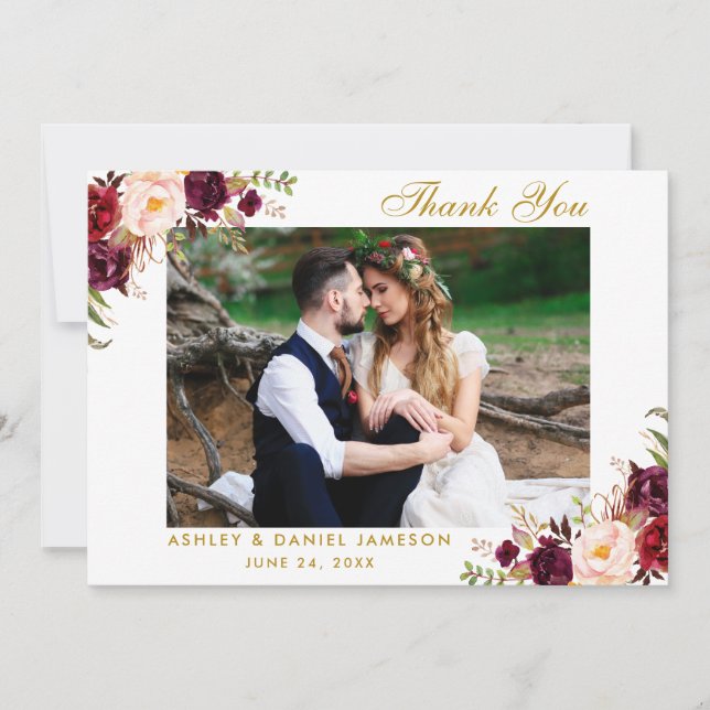 Floral Burgundy Gold Wedding Photo Thank You Card (Front)