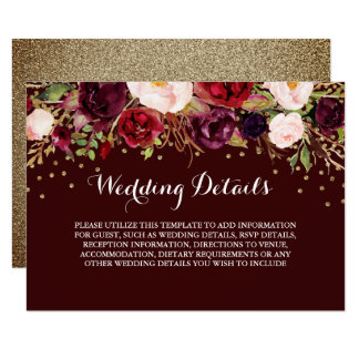 Floral Burgundy Gold Wedding Reception Details Card