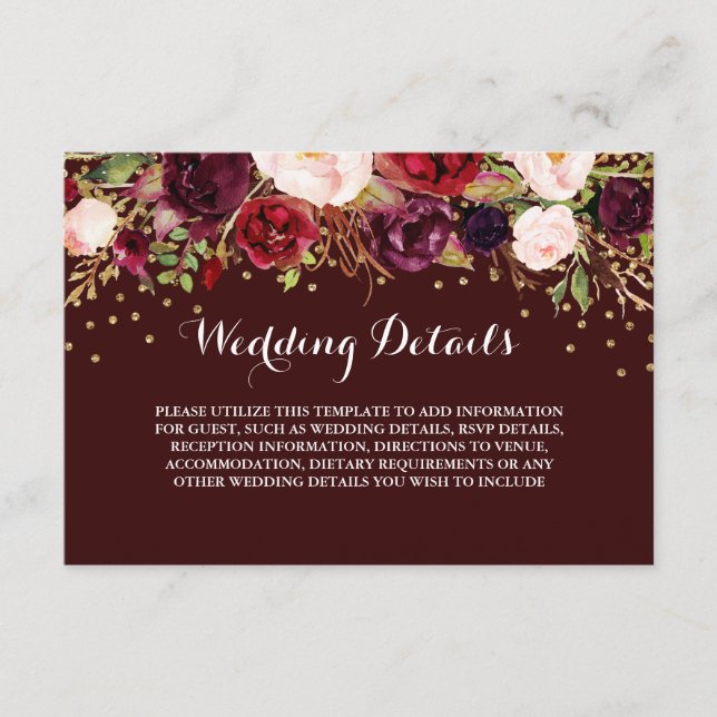 Floral Burgundy Gold Wedding Reception Details Enclosure Card (Front)
