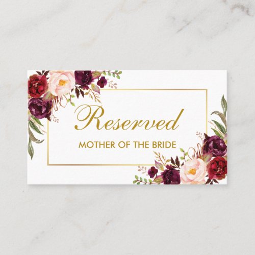Floral Burgundy Gold Wedding Reserved Name Place Card