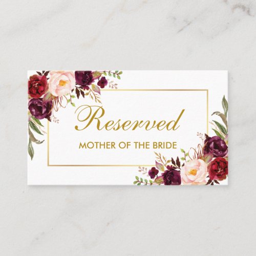 Floral Burgundy Gold Wedding Reserved Name Place Card