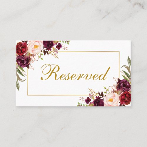 Floral Burgundy Gold Wedding Reserved Place Card