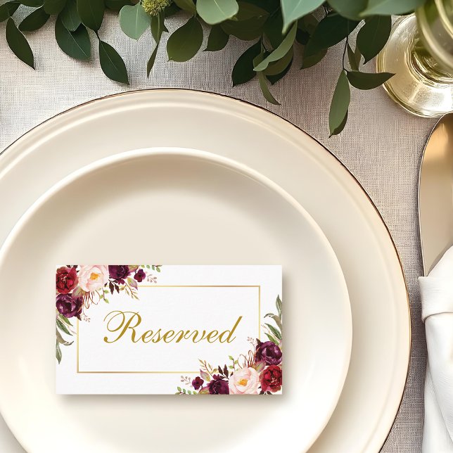 Floral Burgundy Gold Wedding Reserved Place Card (Customize to change text color, style or to add more text to front or back.)