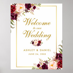 Floral Burgundy Gold Wedding Welcome 22x28 Poster