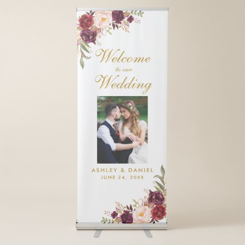 Floral Burgundy Gold Wedding Welcome Photo Retractable Banner