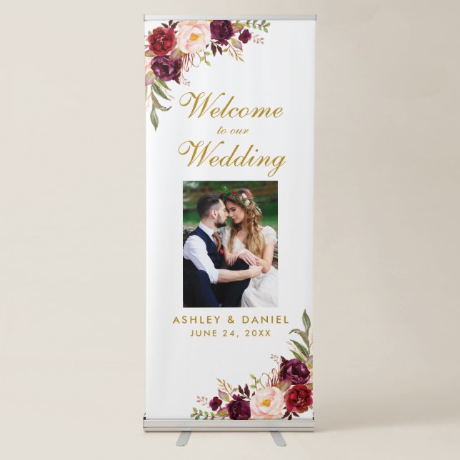 Floral Burgundy Gold Wedding Welcome Photo Retractable Banner (Front)