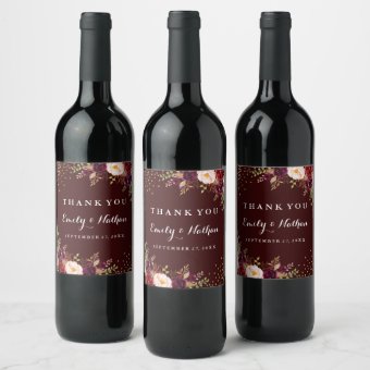 Floral Burgundy Gold Wedding Wine Label | Zazzle