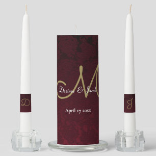 Floral Burgundy Gold White Wedding Monogram Unity Candle Set