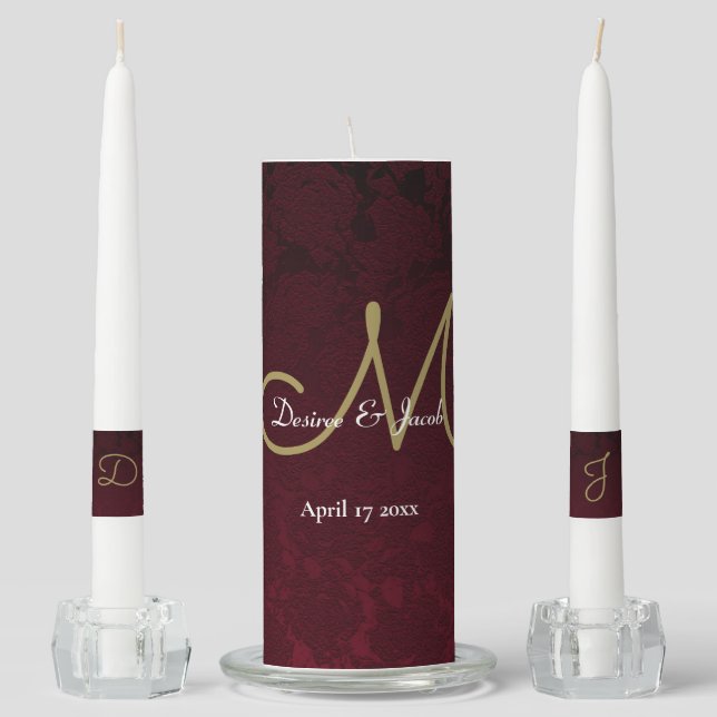 Floral Burgundy Gold White Wedding Monogram Unity Candle Set (Front)