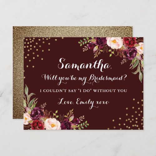 Floral Burgundy Gold Will You Be My Bridesmaid Invitation