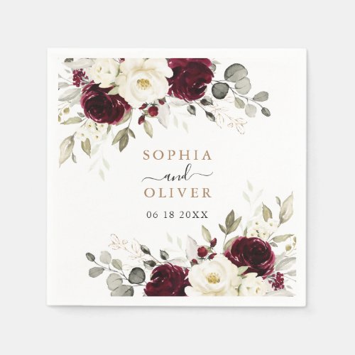 Floral Burgundy Greenery Gold Personalized Wedding Napkins
