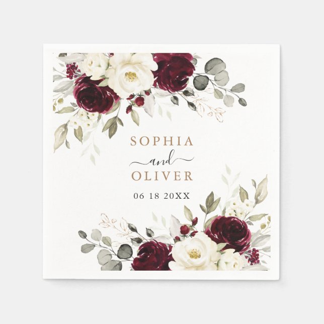 Floral Burgundy Greenery Gold Personalized Wedding Napkins (Front)