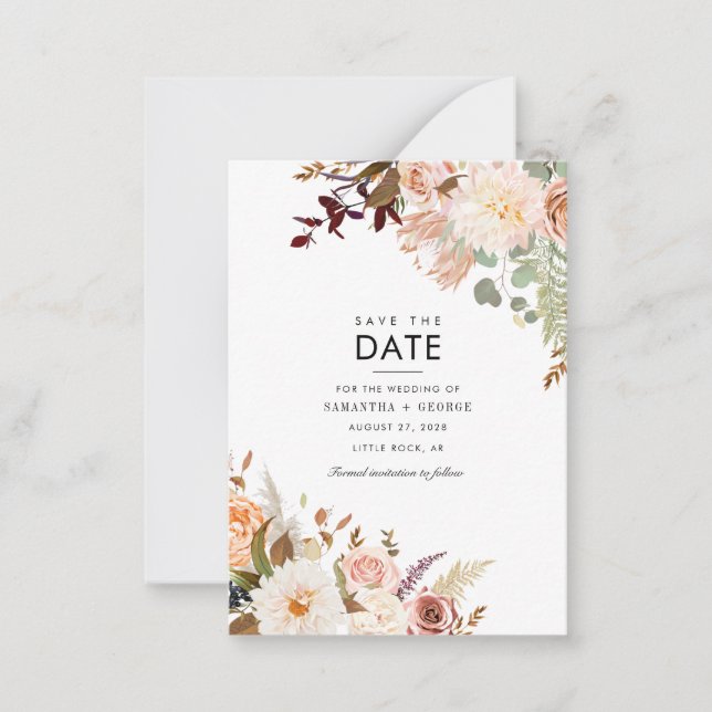 Floral Burgundy Greenery Minimalist Save the Date Note Card (Front)