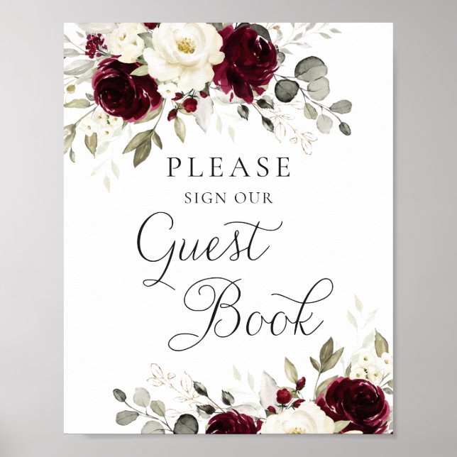 Floral Burgundy Greenery Wedding Guest Book Sign (Front)