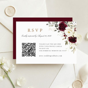 Floral Burgundy Greenery Wedding QR Code RSVP Card