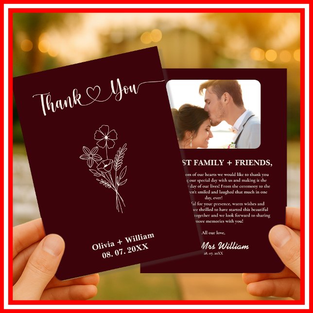 Floral Burgundy & Ivory Rustic Photo Wedding Thank You Card (Creator Uploaded)