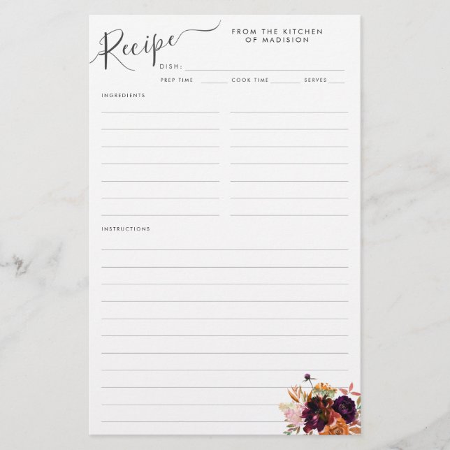 Floral Burgundy Magenta Purple Kitchen Recipe Card Flyer (Front)