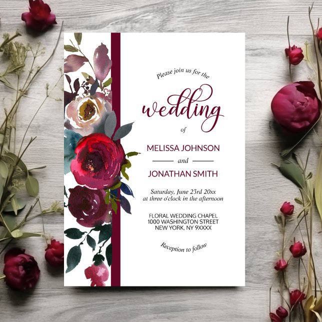 Floral Burgundy Marsala Merlot Wine Roses Wedding Invitation