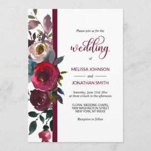 Floral Burgundy Marsala Red Wine Roses Wedding Invitation