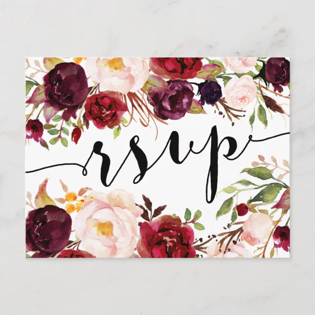 Floral Burgundy Marsala RSVP Postcard | Zazzle