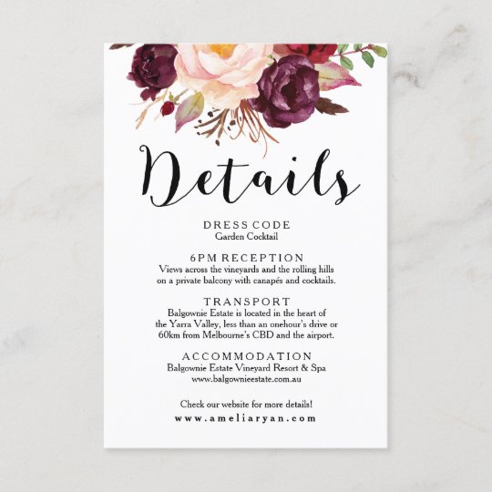 floral burgundy marsala wedding details card zazzle