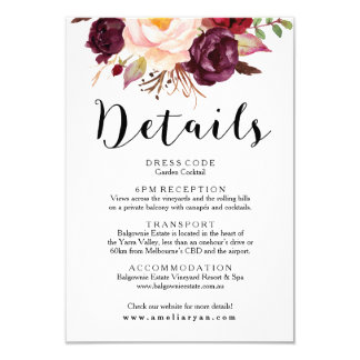 Floral Burgundy Marsala Wedding Details Card