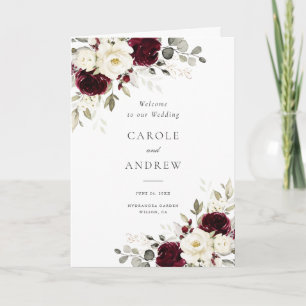 Floral Burgundy Merlot Greenery Folded Wedding Program