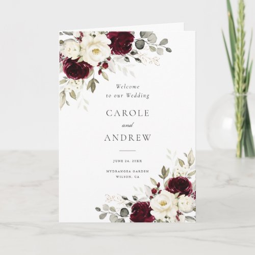Floral Burgundy Merlot Greenery Folded Wedding Program