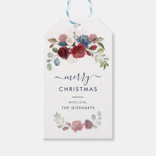 Floral Burgundy Merry Christmas Modern Gift Tags