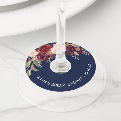 Floral Burgundy Navy Blue Bridal Shower Wine Glass Tag