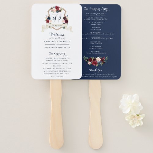 Floral Burgundy Navy Blue Greenery Elegant Crest Hand Fan