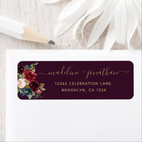 Floral Burgundy Navy Blue Plum Gold Script Label