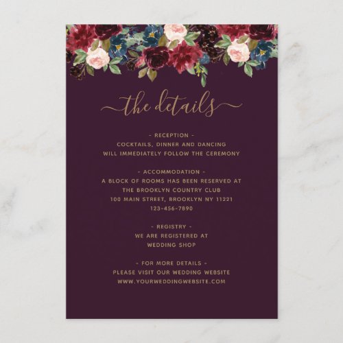 Floral Burgundy Navy Blue Plum Jewel Tone Wedding Enclosure Card