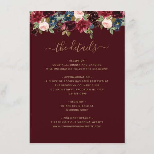 Floral Burgundy Navy Blue Red Jewel Tone Wedding Enclosure Card