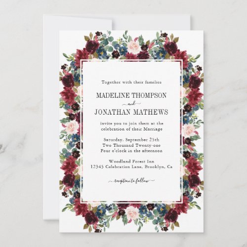 Floral Burgundy Navy Blue Square Border Wedding Invitation