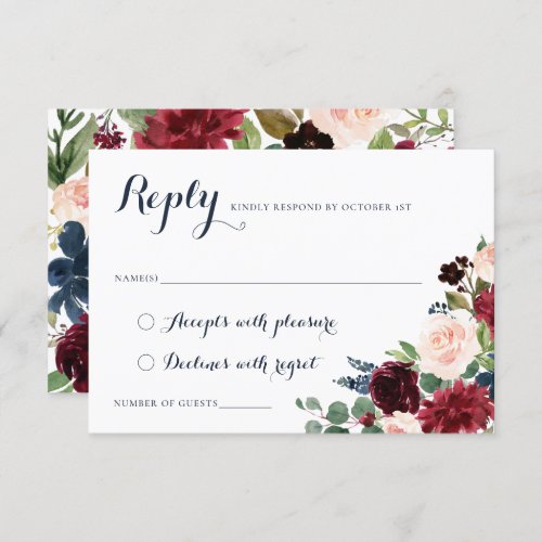 Floral Burgundy Navy Blush Crest Elegant RSVP Invitation