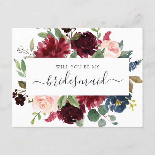 Floral Burgundy Navy Bouquet Will You Be My Holiday Postcard