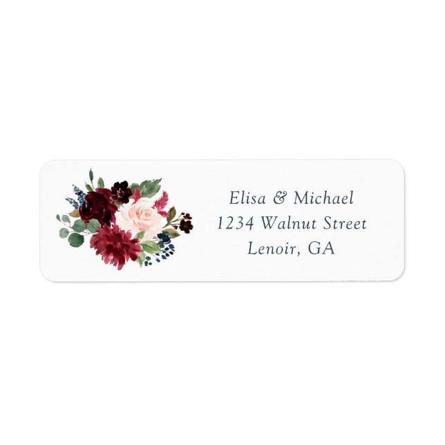 Floral Burgundy Navy Elegant Wedding Address Label (Front)