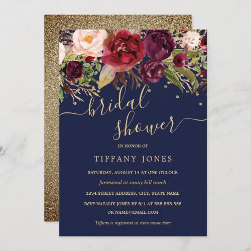 Floral Burgundy Navy Gold Confetti Bridal Shower Invitation